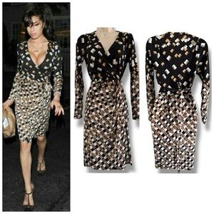 Diane von Furstenberg DVF Begonia Silk Jersey Wrap Dress Black Tan White Size 4